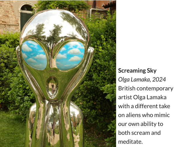 Screaming Sky Olga Lamaka, 2024 British contemporary artist Olga Lamaka with a different take on aliens who mimic our own ability to both scream and meditate.